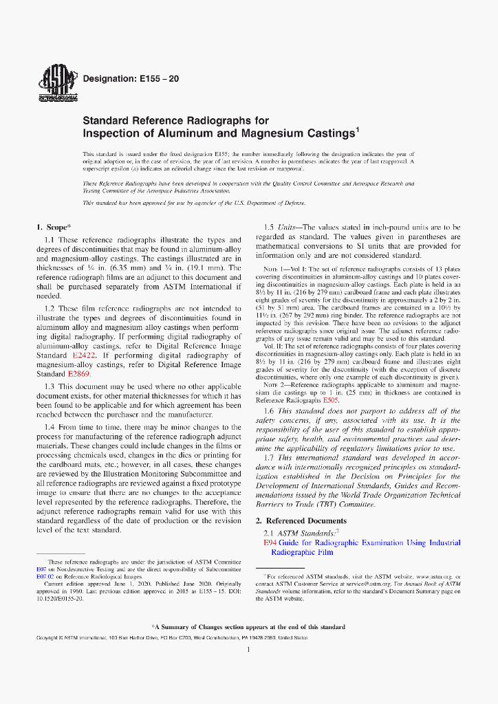 ASTM E155-20 Standard Reference Radiographs for lnspection of Aluminum and Magnesium Castings