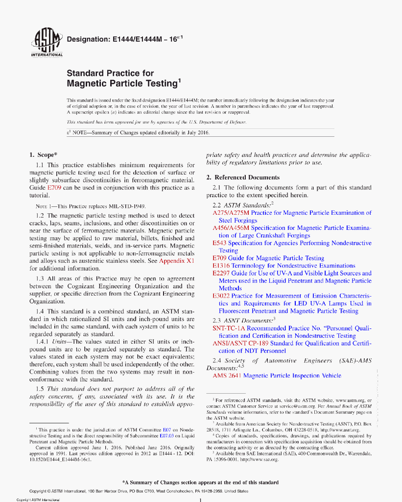 ASTM E1444/E1444M – 16r1 Standard Practice for Magnetic Particle Testing