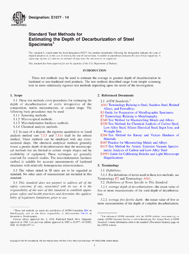 ASTM E1077-14 Standard Test Methods for Estimating the Depth of Decarburization of SteelSpecimens