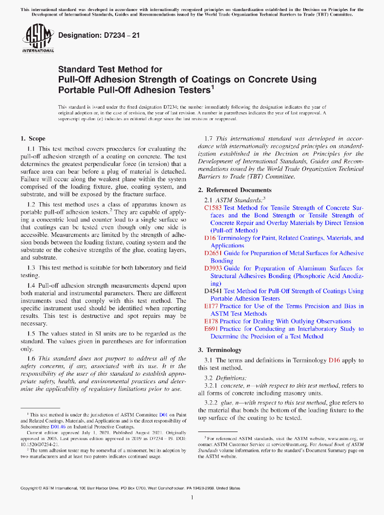 D7234-21 Standard Test Method for Pull-Off Adhesion Strength of Coatings on Concrete UsingPortable Pull-Off Adhesion Testers