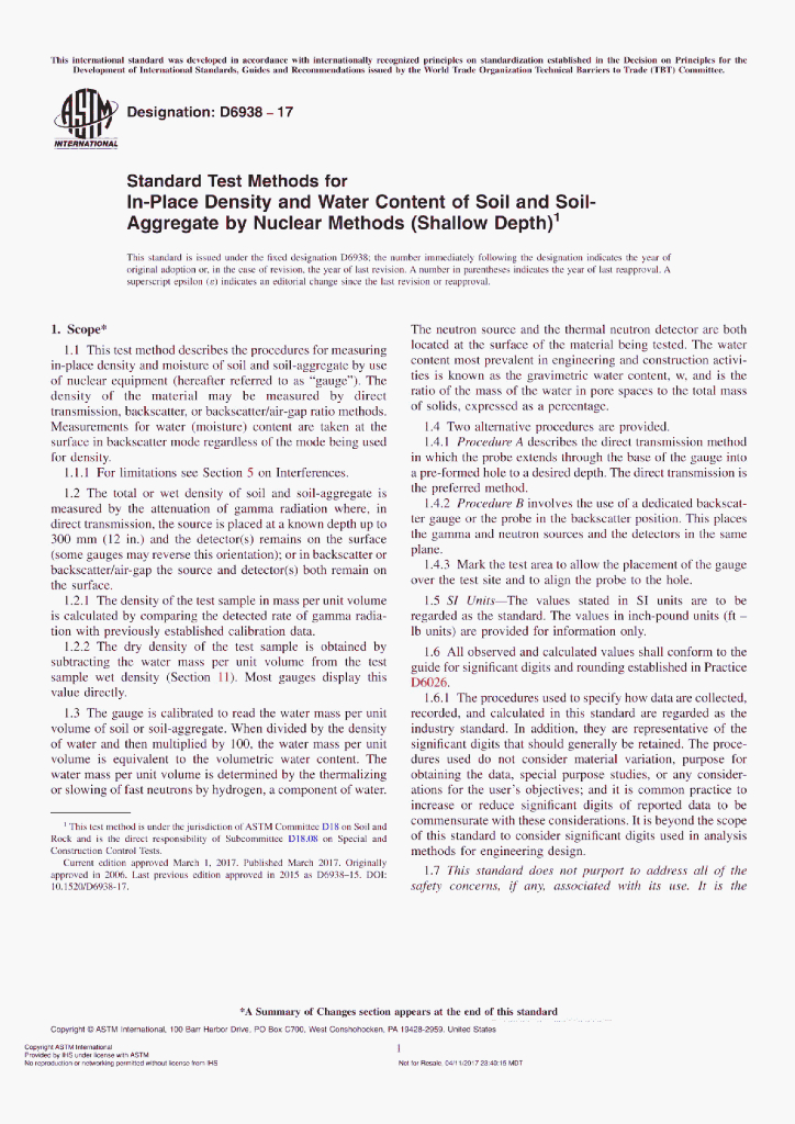 ASTM D6938-17 Standard Test Methods for In-Place Density and Water Content of Soil and Soil-Aggregate by Nuclear Methods(Shallow Depth)