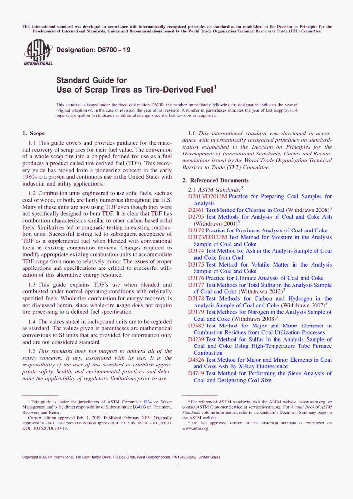 ASTM D6700-19 Standard Guide for Use of Scrap Tires as Tire-Derived Fuel