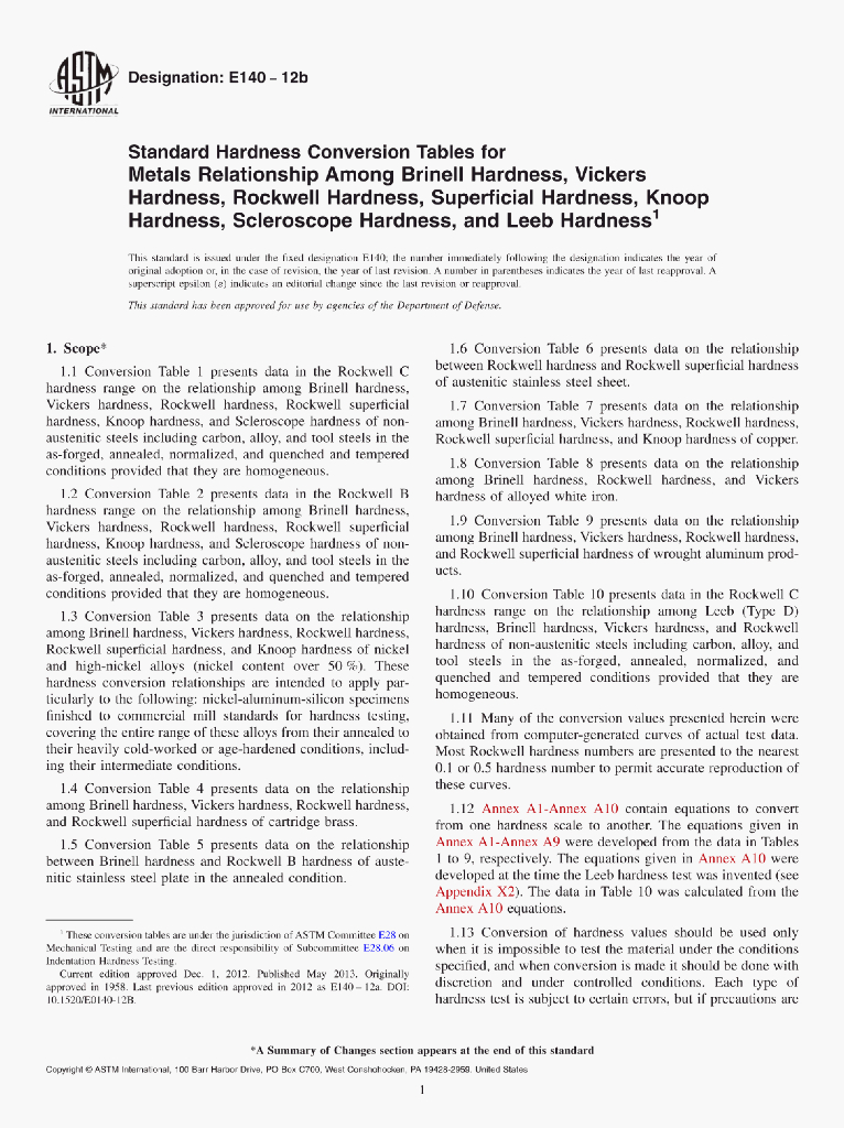 ASTM E140-12b Standard Hardness Conversion Tables for Metals Relationship Among Brinell Hardness,Vickers Hardness,Rockwell Hardness,Superficial Hardness,KnoopHardness,Scleroscope Hardness,and Leeb Hardness