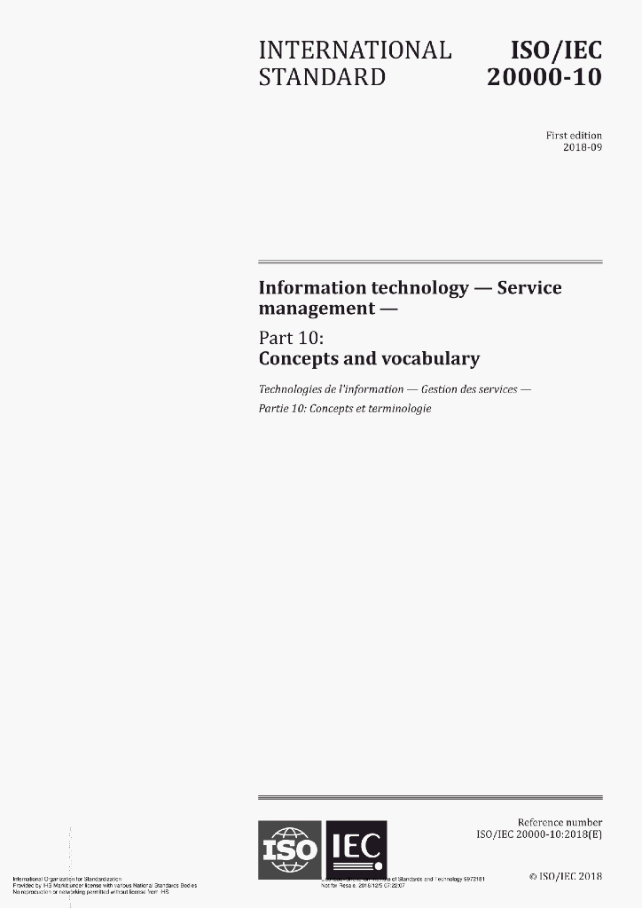 ISO/IEC 20000-10:2018(E)Information technology – Service management-Part 10:Concepts and vocabulary