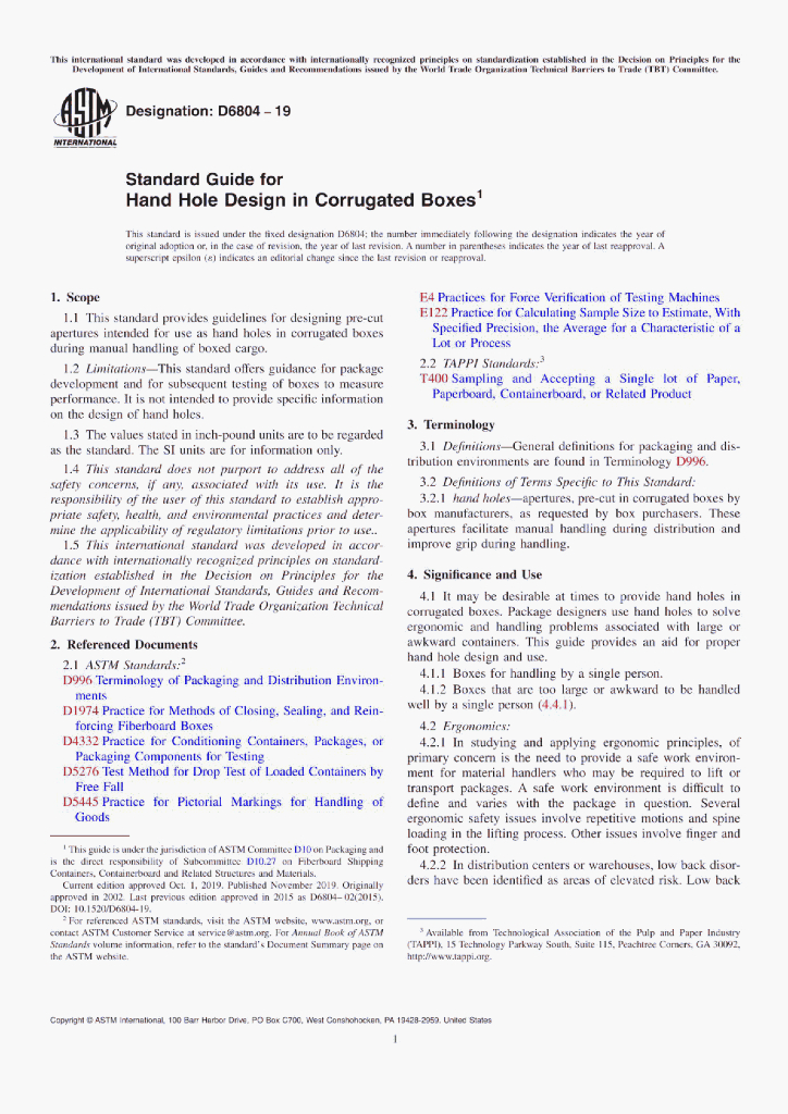 ASTM D6804-19 Standard Guide for Hand Hole Design in Corrugated Boxes