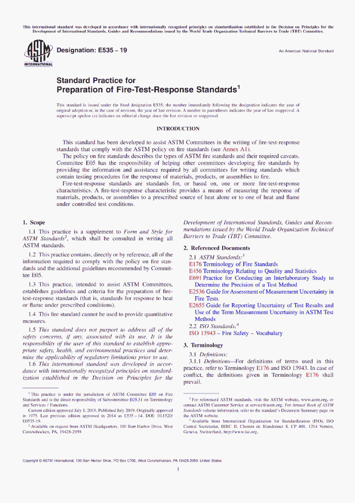 ASTM E535-19 Standard Practice for Preparation of Fire-Test-Response Standards