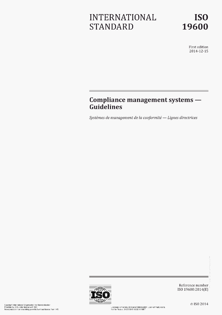 ISO 19600:2014(E)Compliance management systems – Guidelines