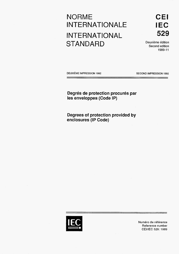 IEC 529:1989 DEGREES OF PROTECTION PROVIDED BY ENCLOSURES(Code)
