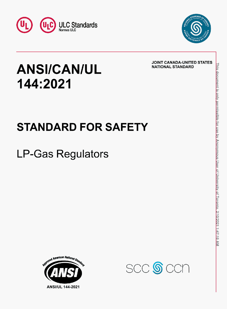 ANSI/CAN/UL 144:2021 STANDARD FOR SAFETY LP-Gas Regulators