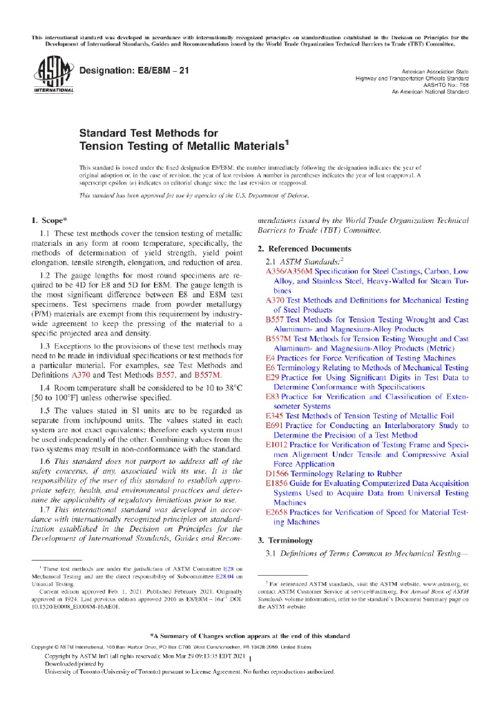 ASTM E8/E8M-21 Standard Test Methods for Tension Testing of Metallic Materials