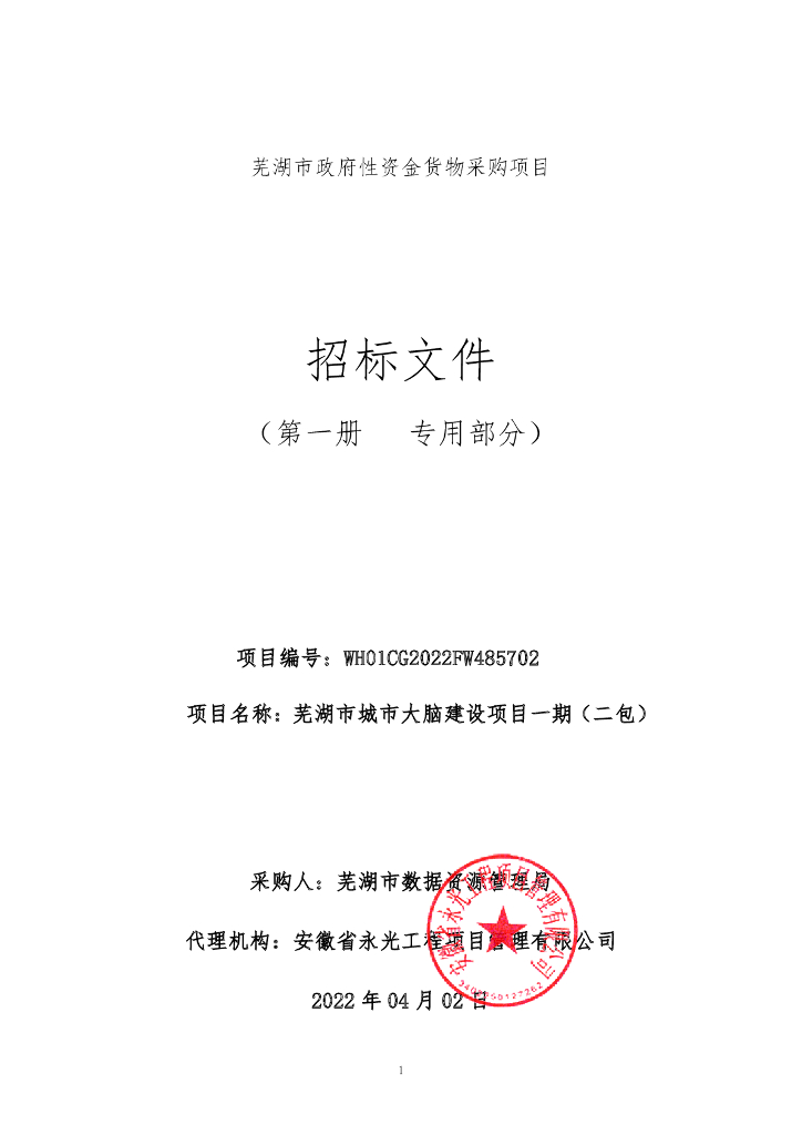 芜湖市城市大脑建设项目一期（二包） 项目公开招标公告 招标文件