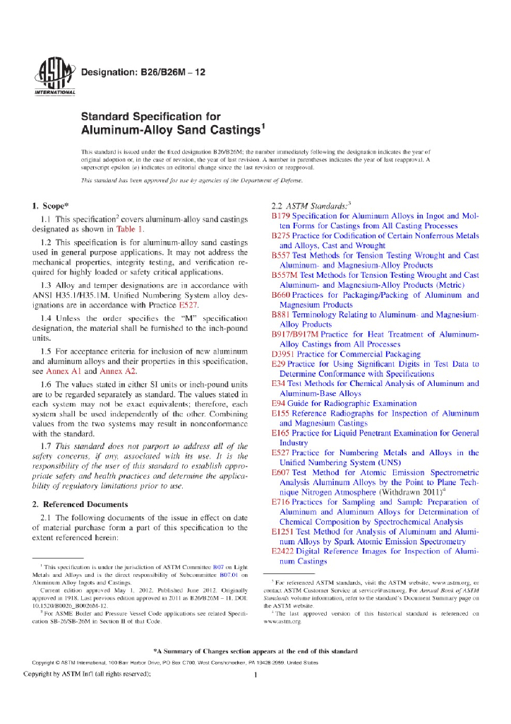 B26/B26M-12 Standard Specification for Aluminum-Alloy Sand Castings