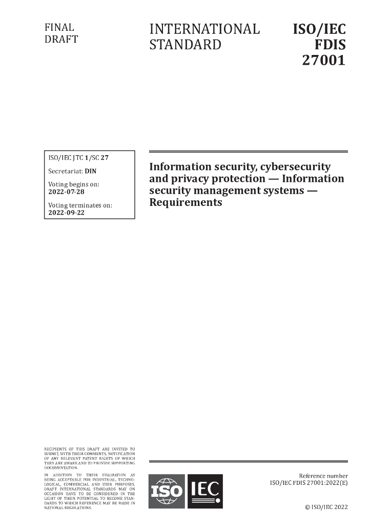 ISO/IEC/FDIS 27001-2022 信息安全，网络安全和隐私保护 信息安全管理系统 需求（英文版）