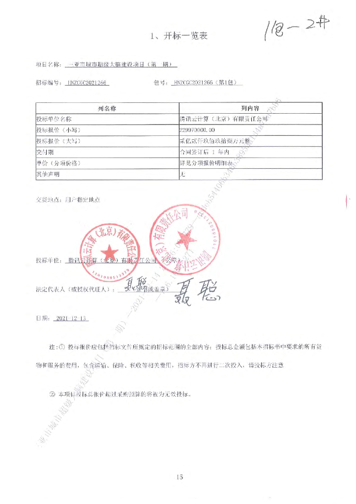 三亚市城市超级大脑建设项目 报价表（第一期） （1包、2包）