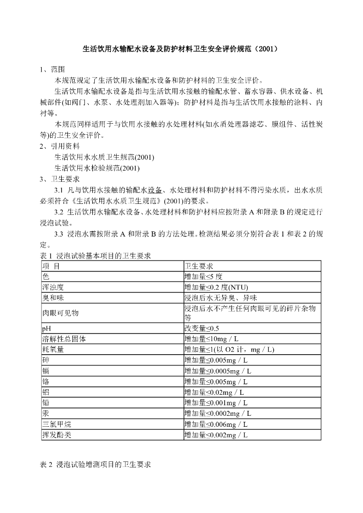 卫生部：生活饮用水输配水设备及防护材料卫生安全评价规范（2001版）