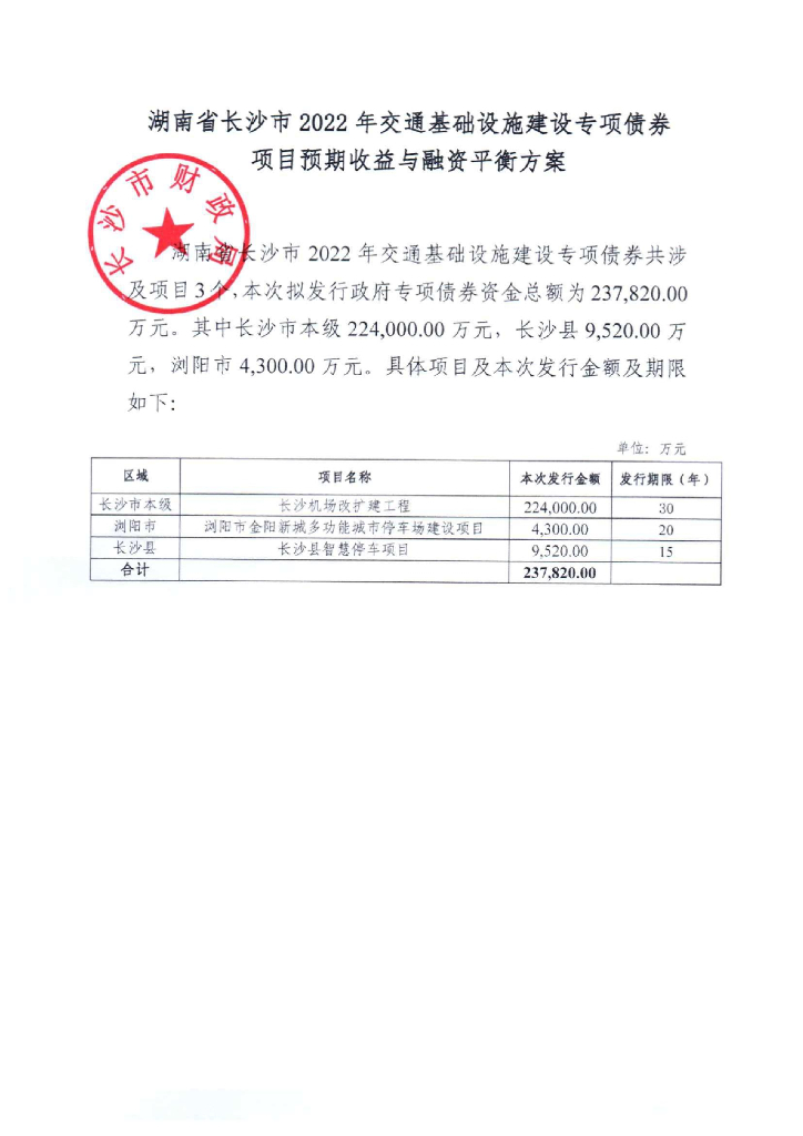 长沙市交通基础设施建设专项债券预期收益玉融资平衡方案
