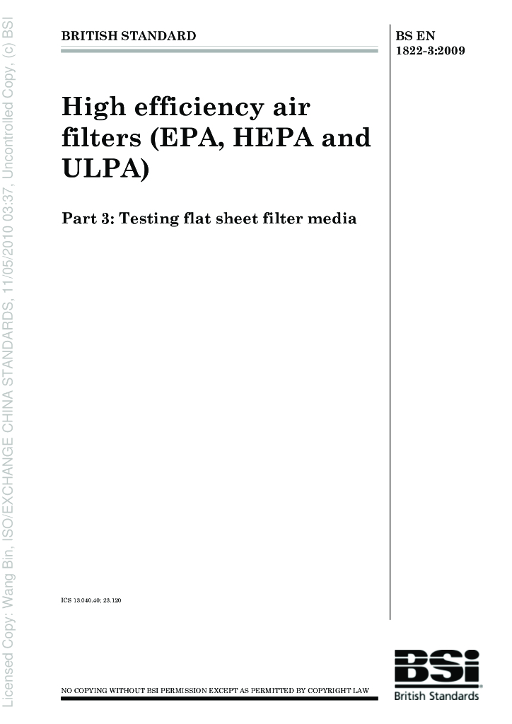BS EN 1822-3:2009 High efficiency air filters(EPA,HEPA and ULPA)
