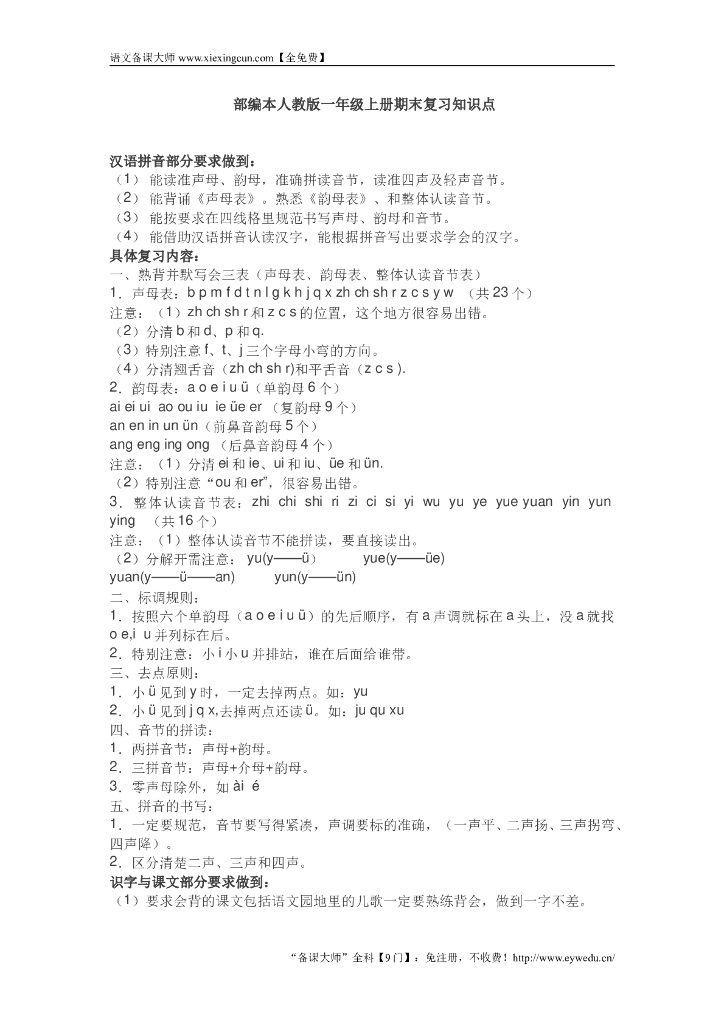【人教新部编版】一年级上册期末复习知识点汇总（8页，Word版）