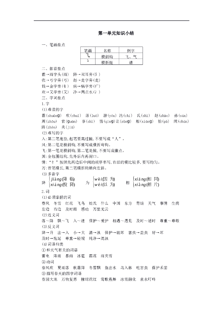 统编语文一年级下册第一单元知识小结