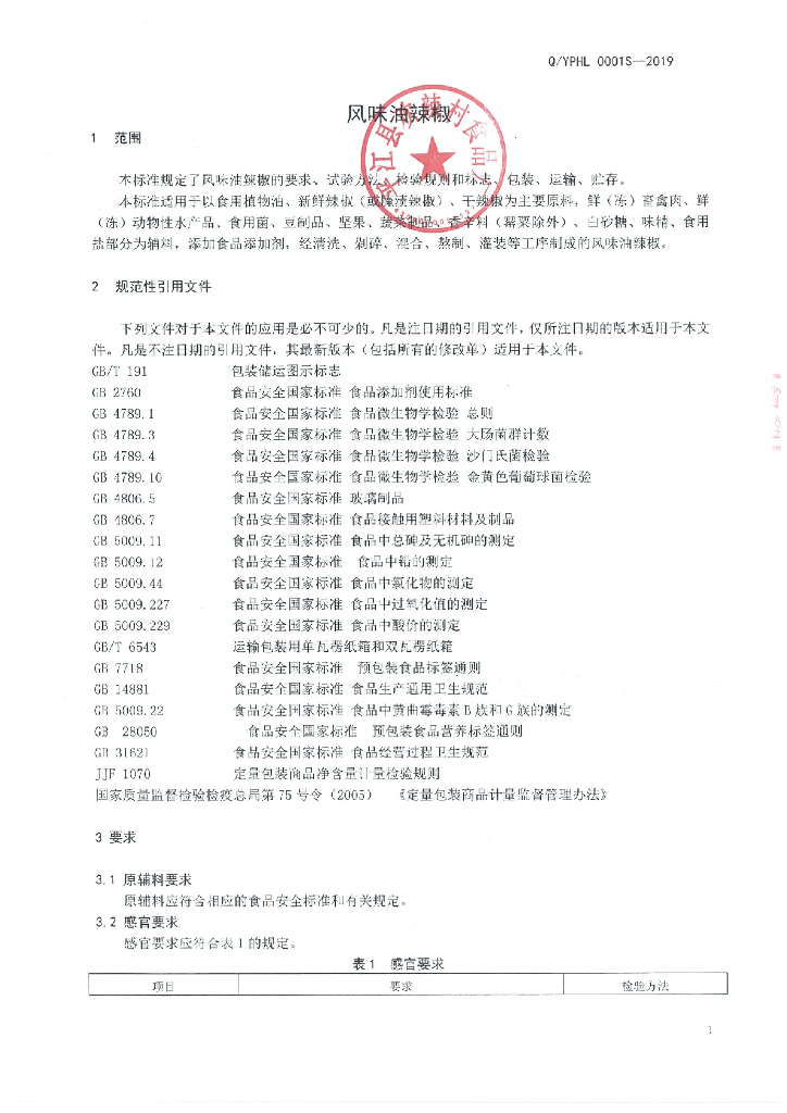 Q/YPHL 0001S-2019 标准预览
