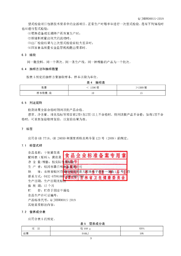 Q/JHBW 0001S-2019 标准预览
