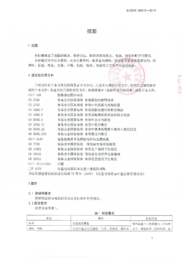 Q/CSYX 0001S-2019 标准预览