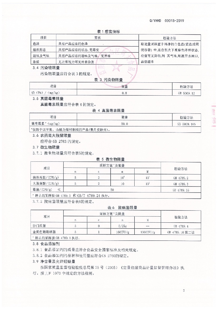 Q/YHHD 0001S-2019 标准预览