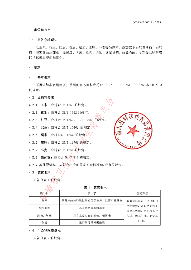 Q/DXWF 0001S-2019 标准预览