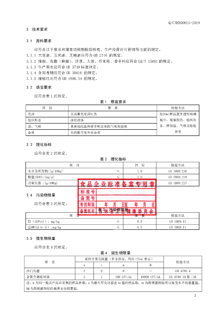Q/CXHX 0001S-2019 标准预览