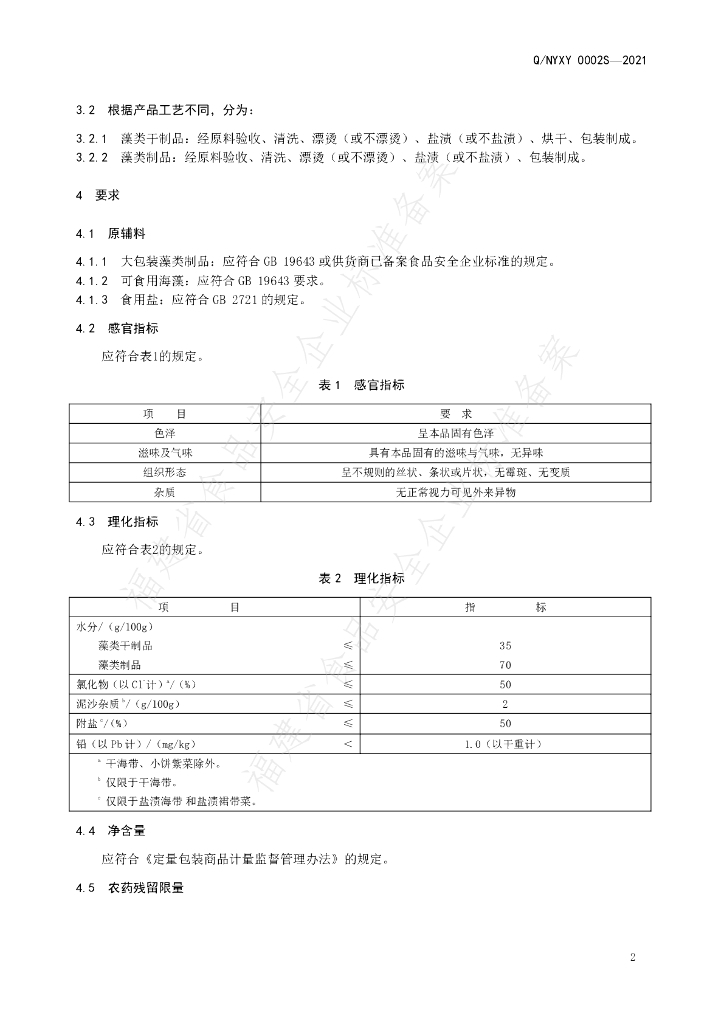 Q/NYXY 0002S-2021 标准预览