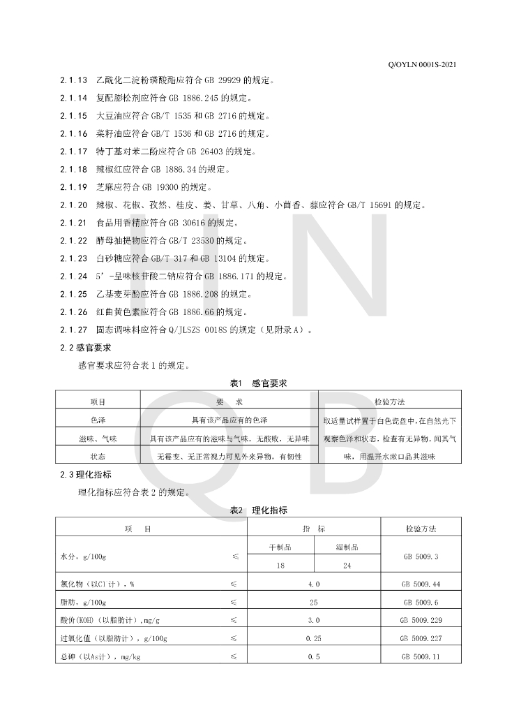 Q/OYLN 0001S-2021 标准预览