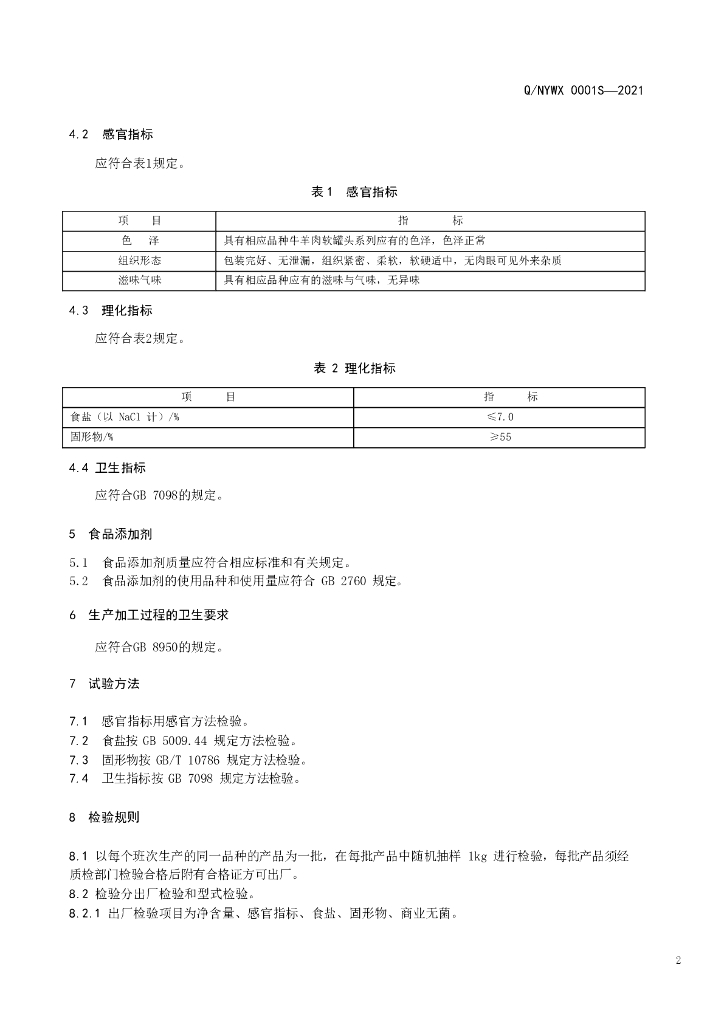 Q/NYWX 0001S-2021 标准预览