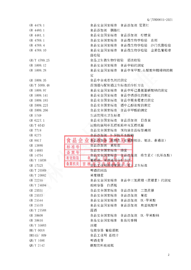 Q/JYH 0001S-2021 标准预览