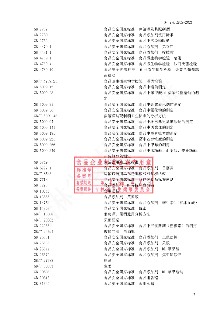 Q/JYH 0020S-2021 标准预览