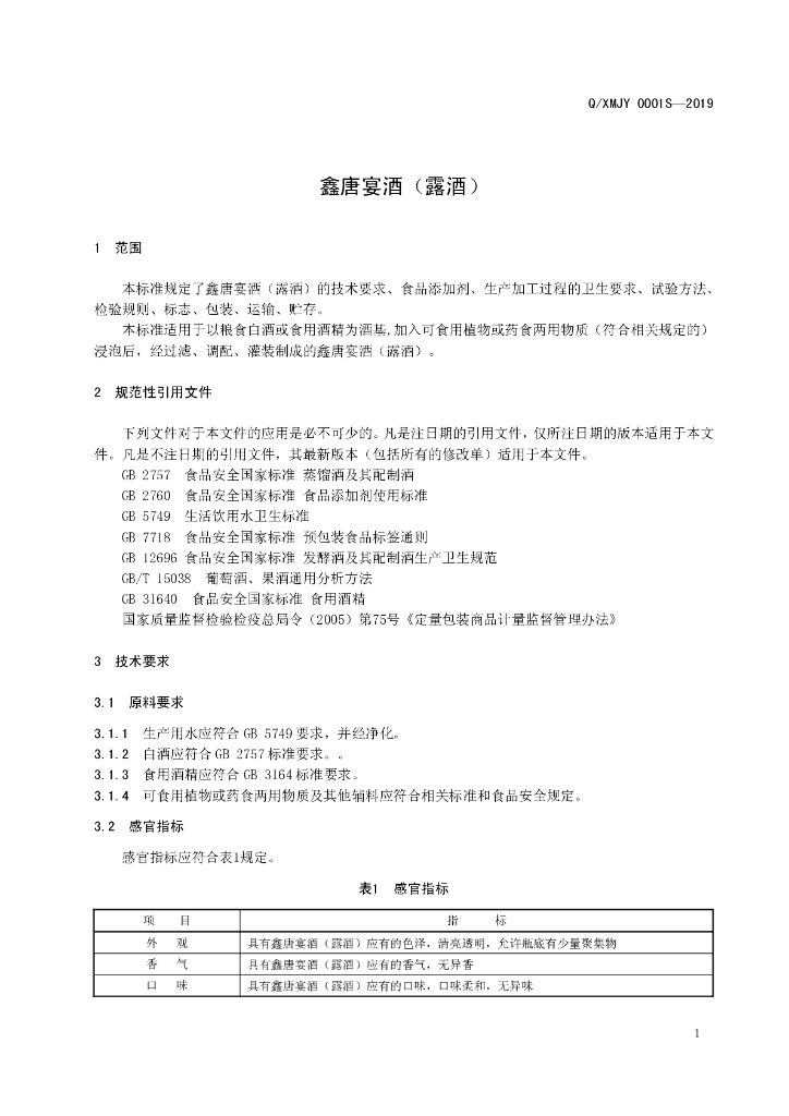 Q/XMJY 0001S-2019 标准预览