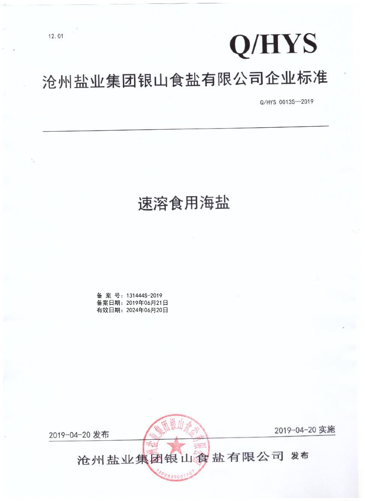 Q/HYS 0013S-2019 标准预览