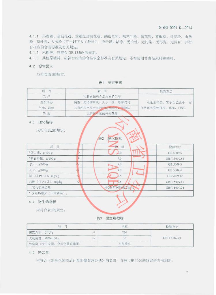 Q/YHX 0001S-2014 标准预览