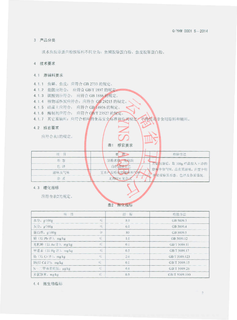 Q/YHW 0001S-2014 标准预览