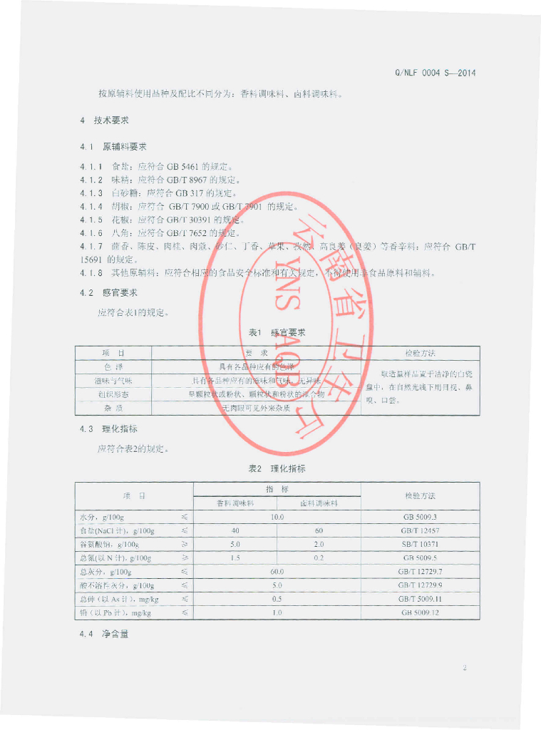 Q/NLF 0004S-2014 标准预览