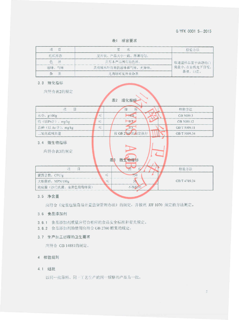 Q/YFK 0001S-2015 标准预览