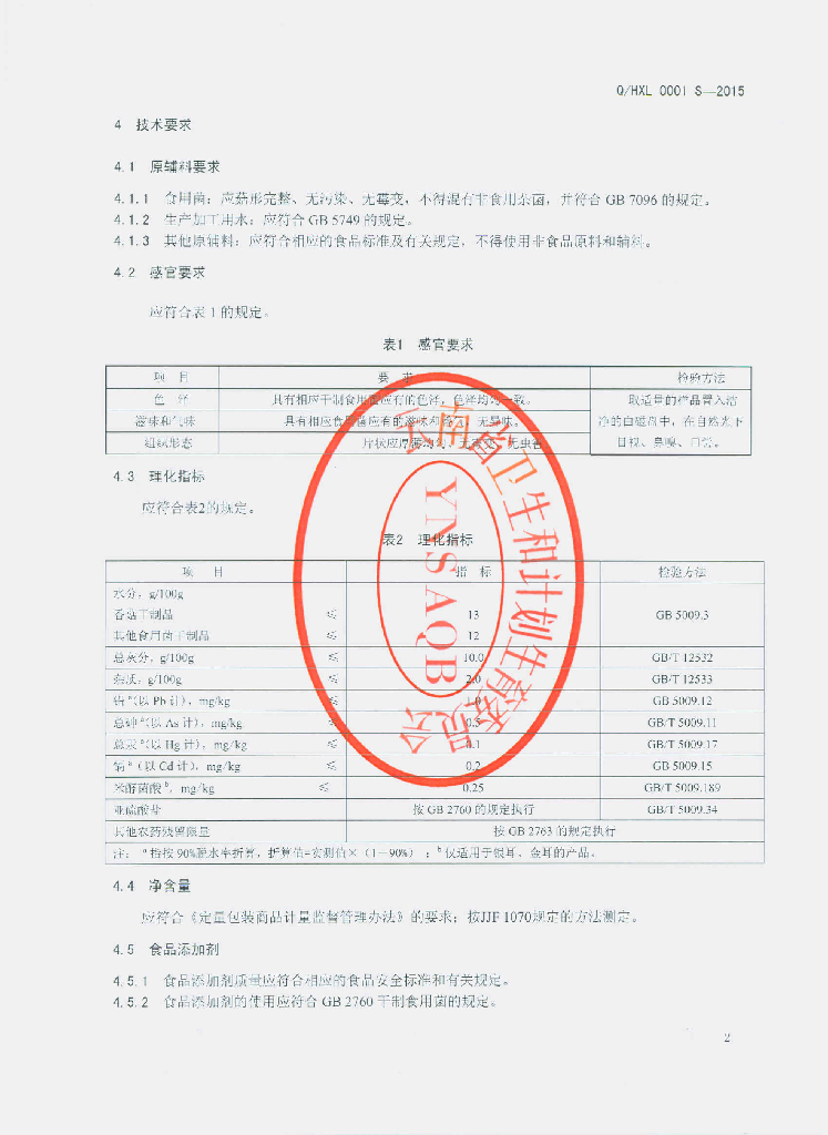 Q/HXL 0001S-2015 标准预览