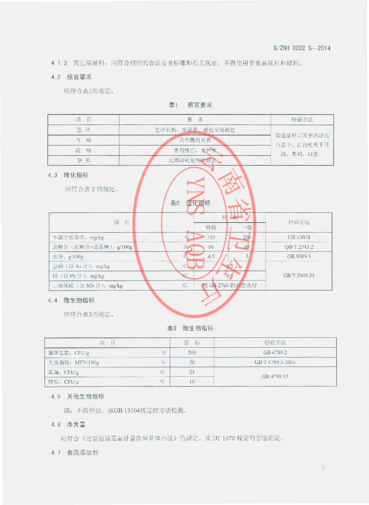 Q/ZNH 0002S-2014 标准预览