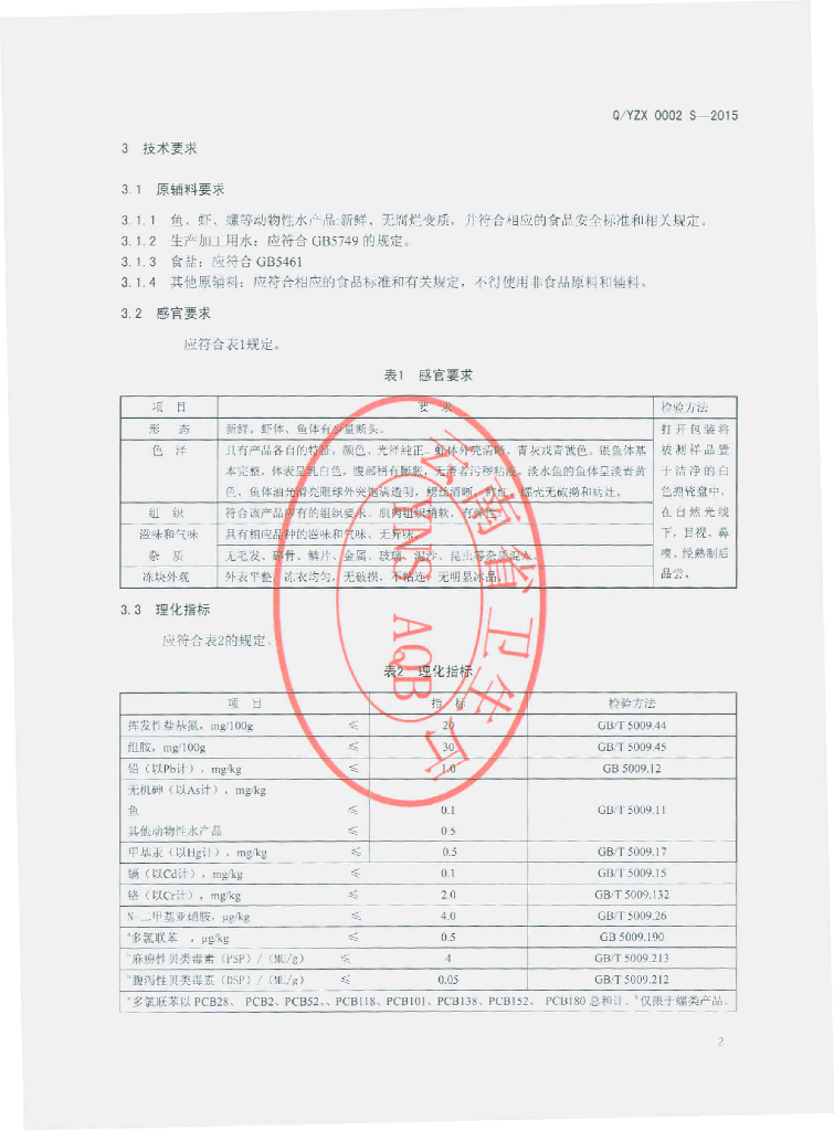 Q/YZX 0002S-2015 标准预览