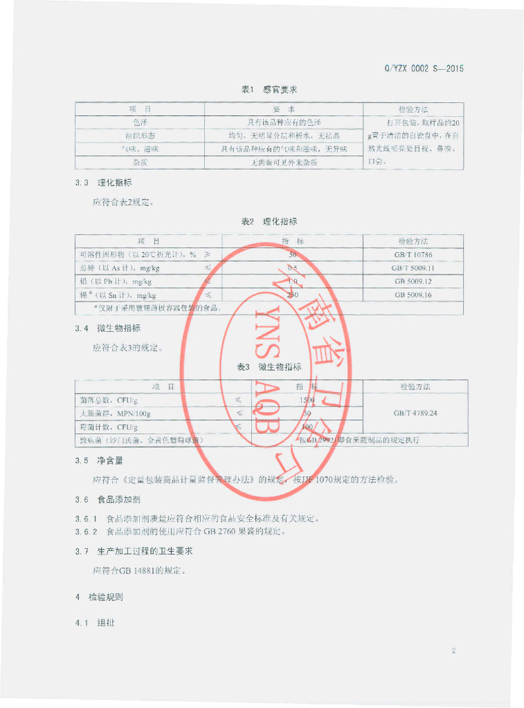 Q/YZX 0002S-2015 标准预览