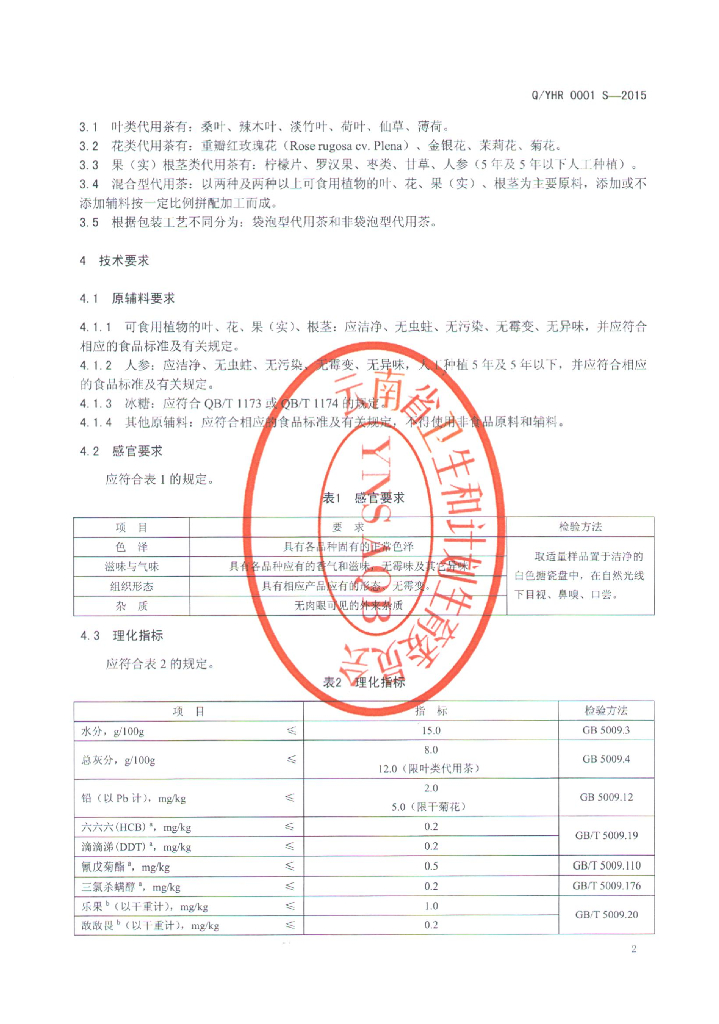 Q/YHR 0001S-2015 标准预览