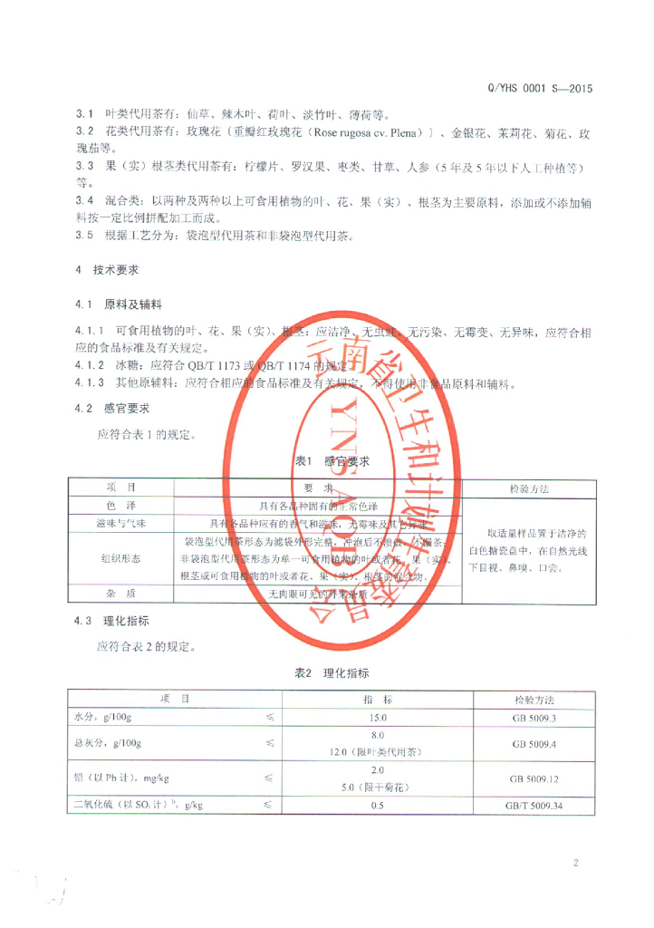 Q/YHS 0001S-2015 标准预览