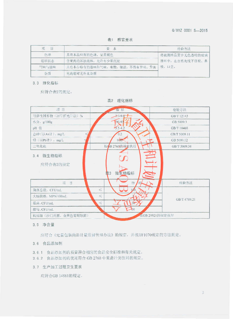 Q/XYZ 0001S-2015 标准预览