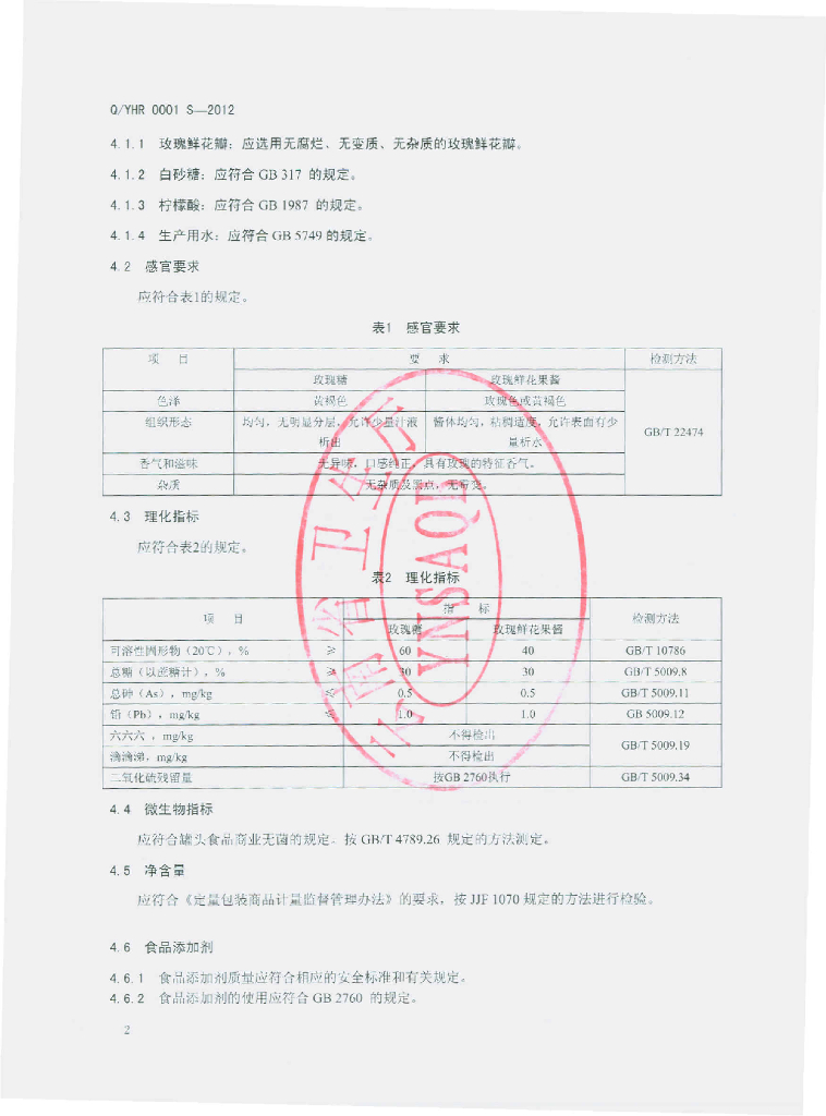 Q/YHR 0001S-2012 标准预览