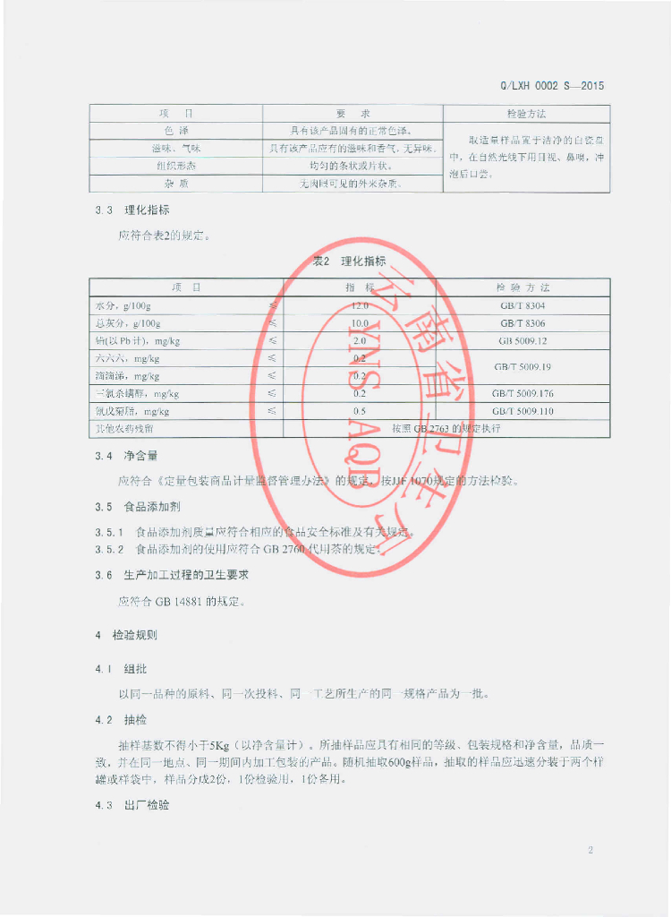 Q/LXH 0002S-2015 标准预览