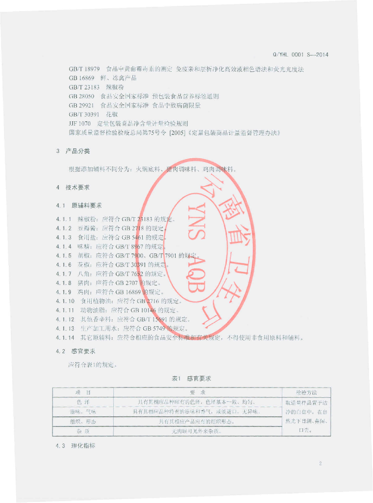 Q/YHL 0001S-2014 标准预览